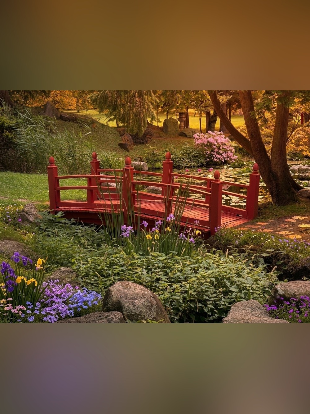 Unbranded Red Garden Bridge Photography Print - Serene Landscape Art